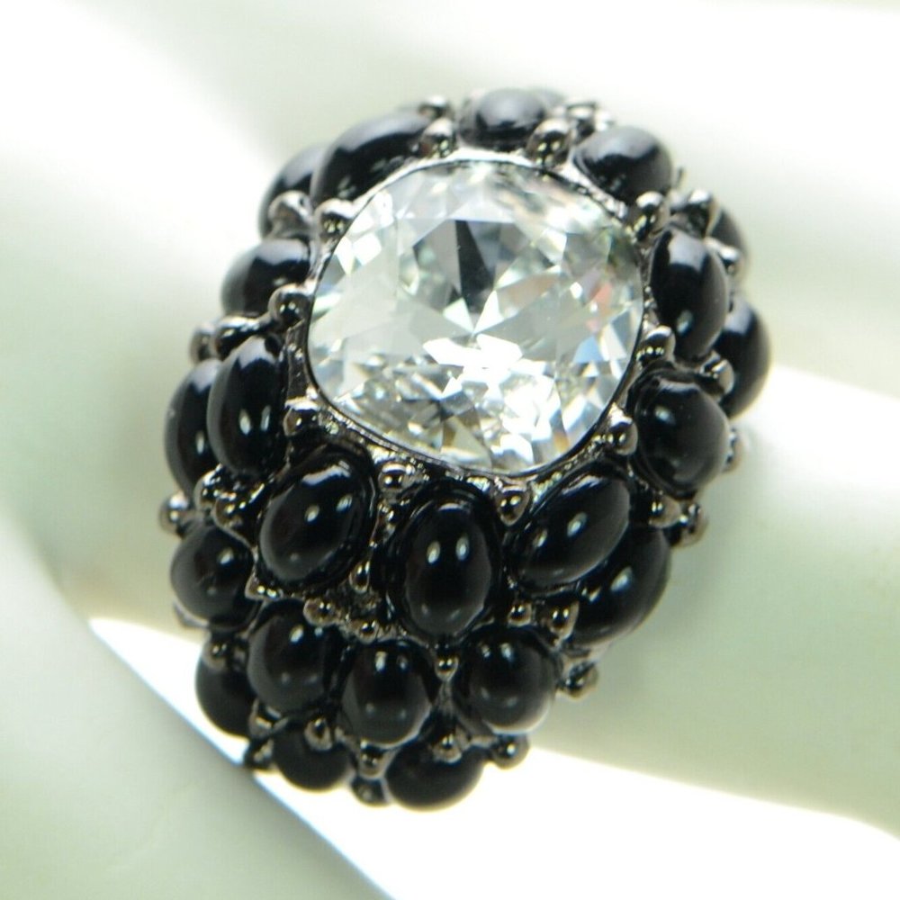 Kenneth Jay Lane KJL Clear Crystal & Black Cabochon Dome Ring